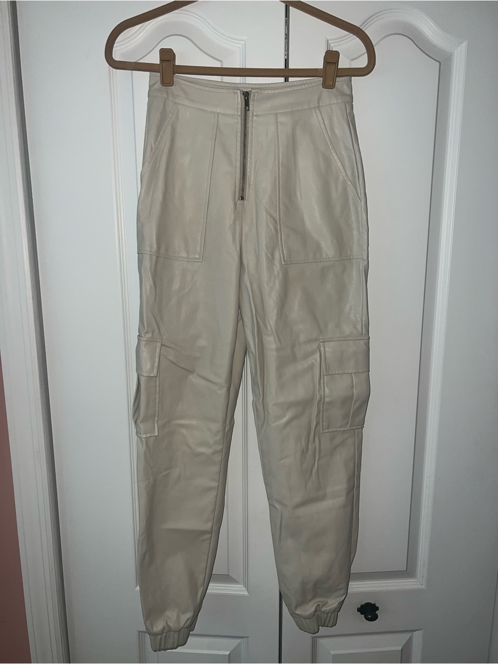 Fashion Nova Beige Faux Leather Cargo Joggers